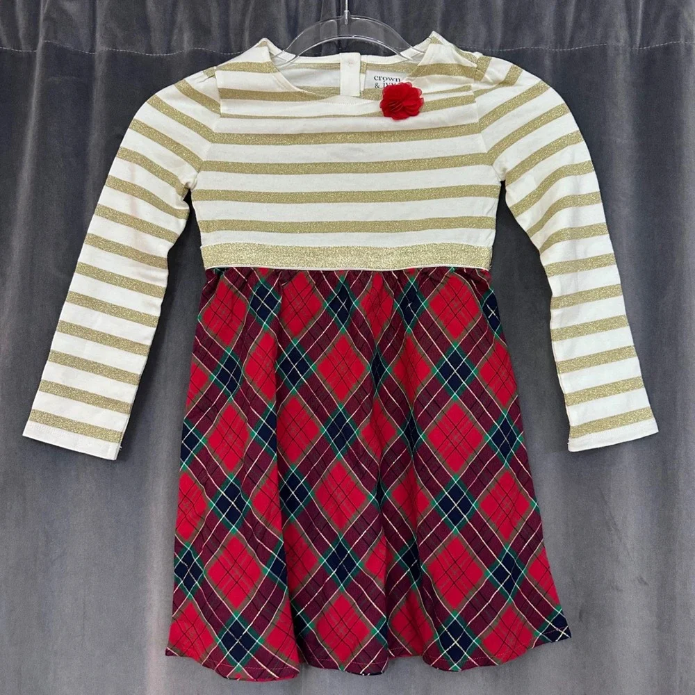 Crown‎ & Ivy Girl's Christmas Dress Toddler Size 5 Red Green Plaid Gold Metallic